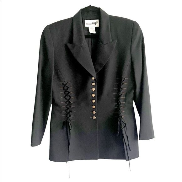 (SOLD) MARIOLA MAYER Black Vintage Wool Blazer Brown Lace Up Detail 12 - Picture 2 of 9